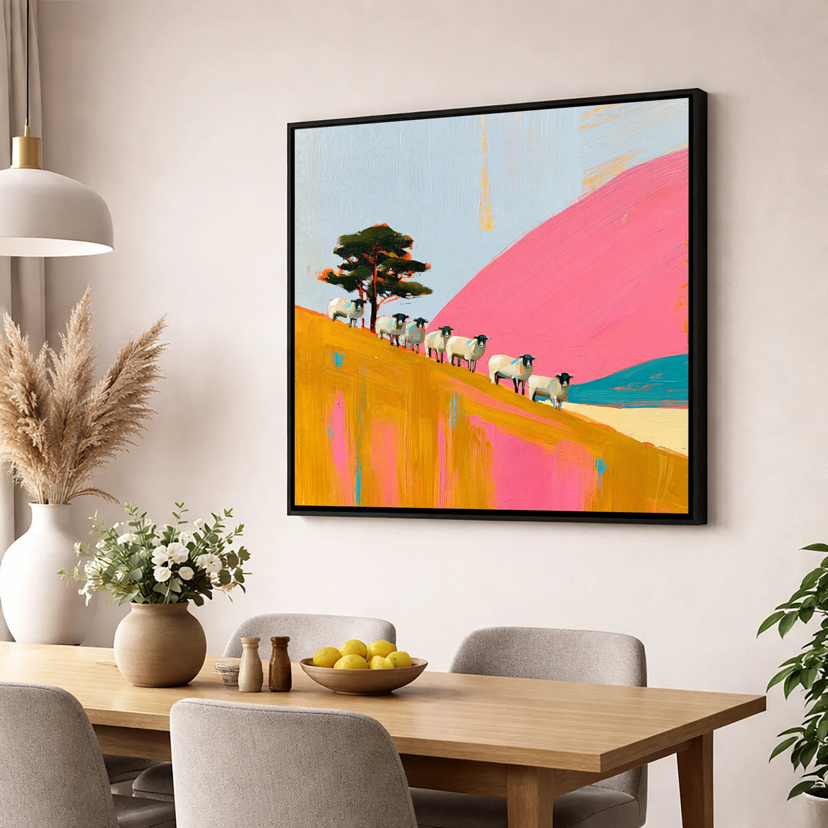 Herdwick Sheep on Pink Fellside lake district wildlife wall art displayed in a dining room