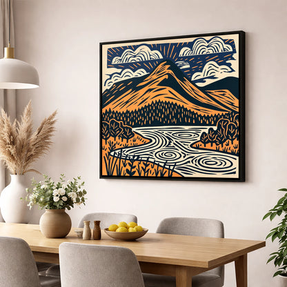 Catbells in Terracotta and Navy lake district fell wall art displayed in a dining room