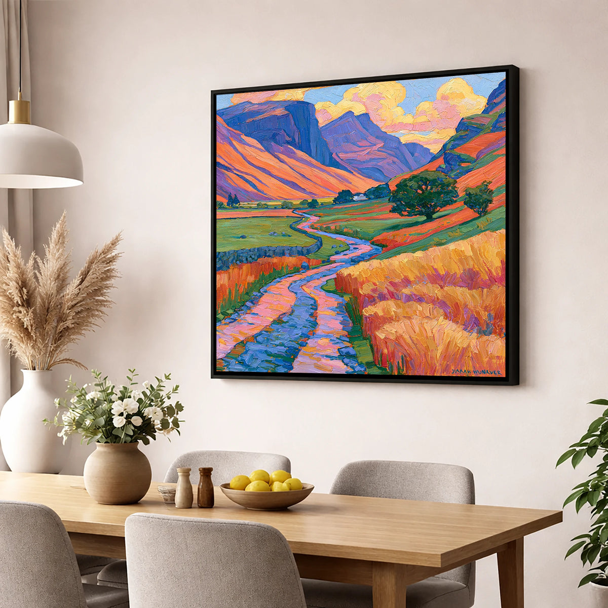 Sunlit Fell Side and Winding Beck lake district valley wall art displayed in a dining room