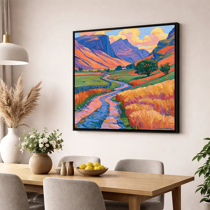 Sunlit Fell Side and Winding Beck lake district valley wall art displayed in a dining room
