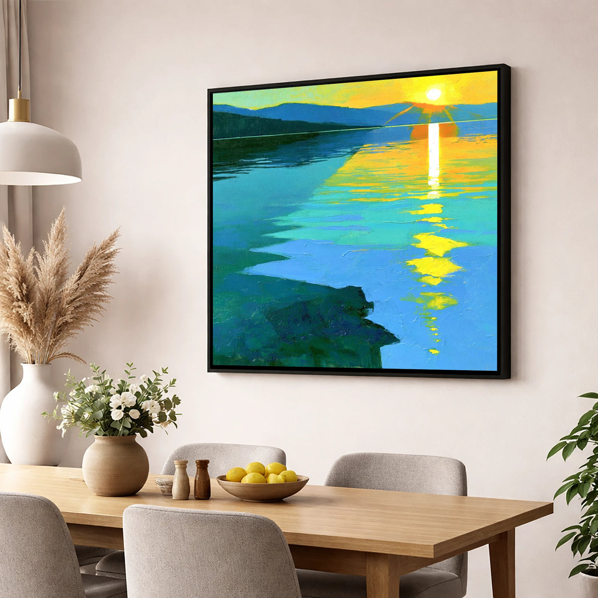 Ultramarine Sunset Over the Lake lake district lake wall art displayed in a dining room