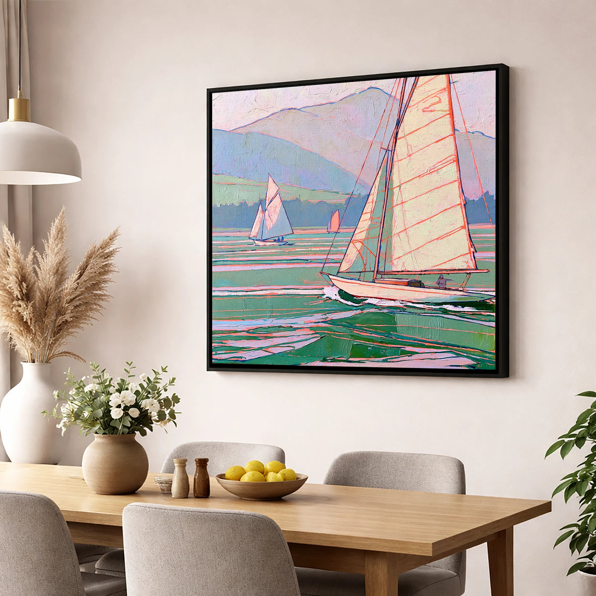 Vivid Yachts on a Breezy Lake lake district walking wall art displayed in a dining room