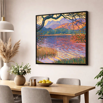 Elterwater Framed by Trees lake district lake wall art displayed in a dining room
