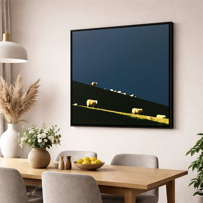 Herdwicks on a Silhouetted Fellside lake district wildlife wall art displayed in a dining room