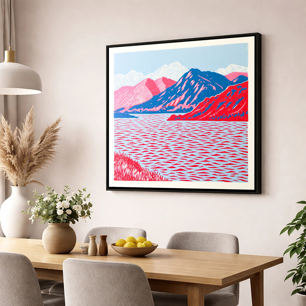 Ullswater in Vivid Red and Blue lake district lake wall art displayed in a dining room