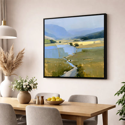 Luminous Patchwork Fields in a Dale lake district valley wall art displayed in a dining room