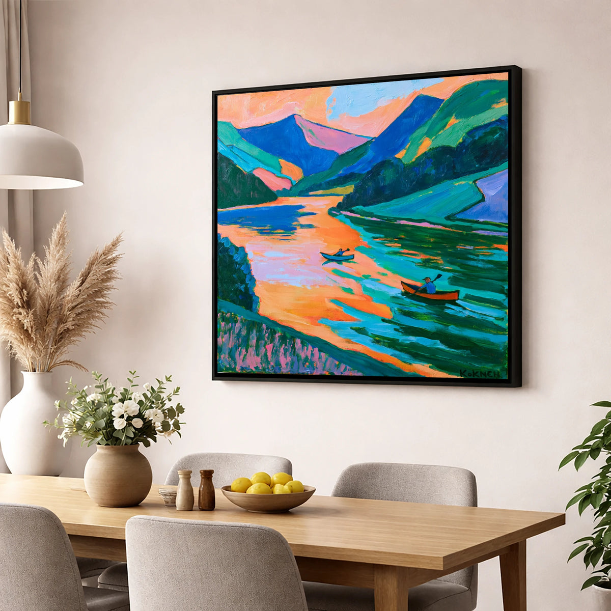 Lake Kayaking in Vivid Colour lake district walking wall art displayed in a dining room