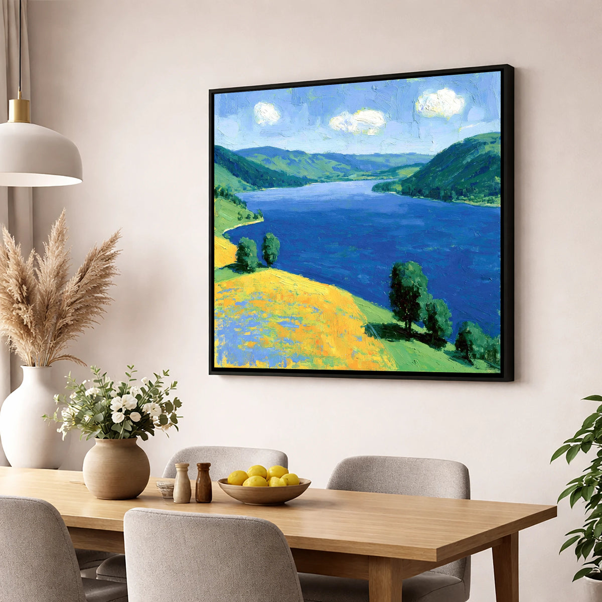 Deep Blue Lake and Sunlit Fells lake district lake wall art displayed in a dining room