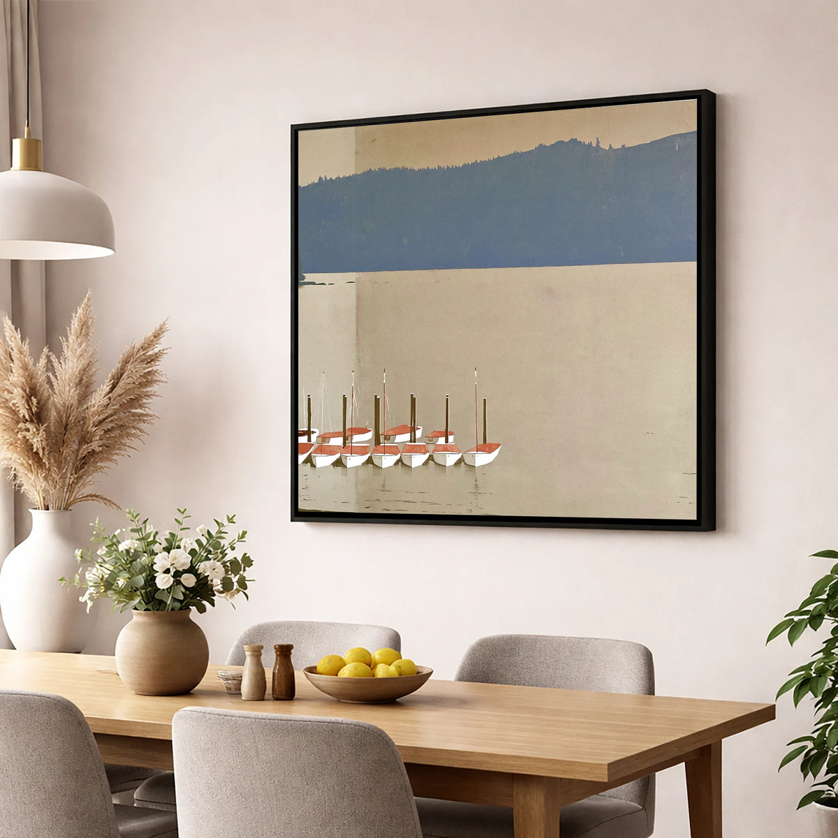 Windermere Boats Below Slate Fells lake district lake wall art displayed in a dining room