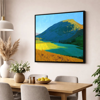 Sunlit Fields Below Low Fell lake district fell wall art displayed in a dining room