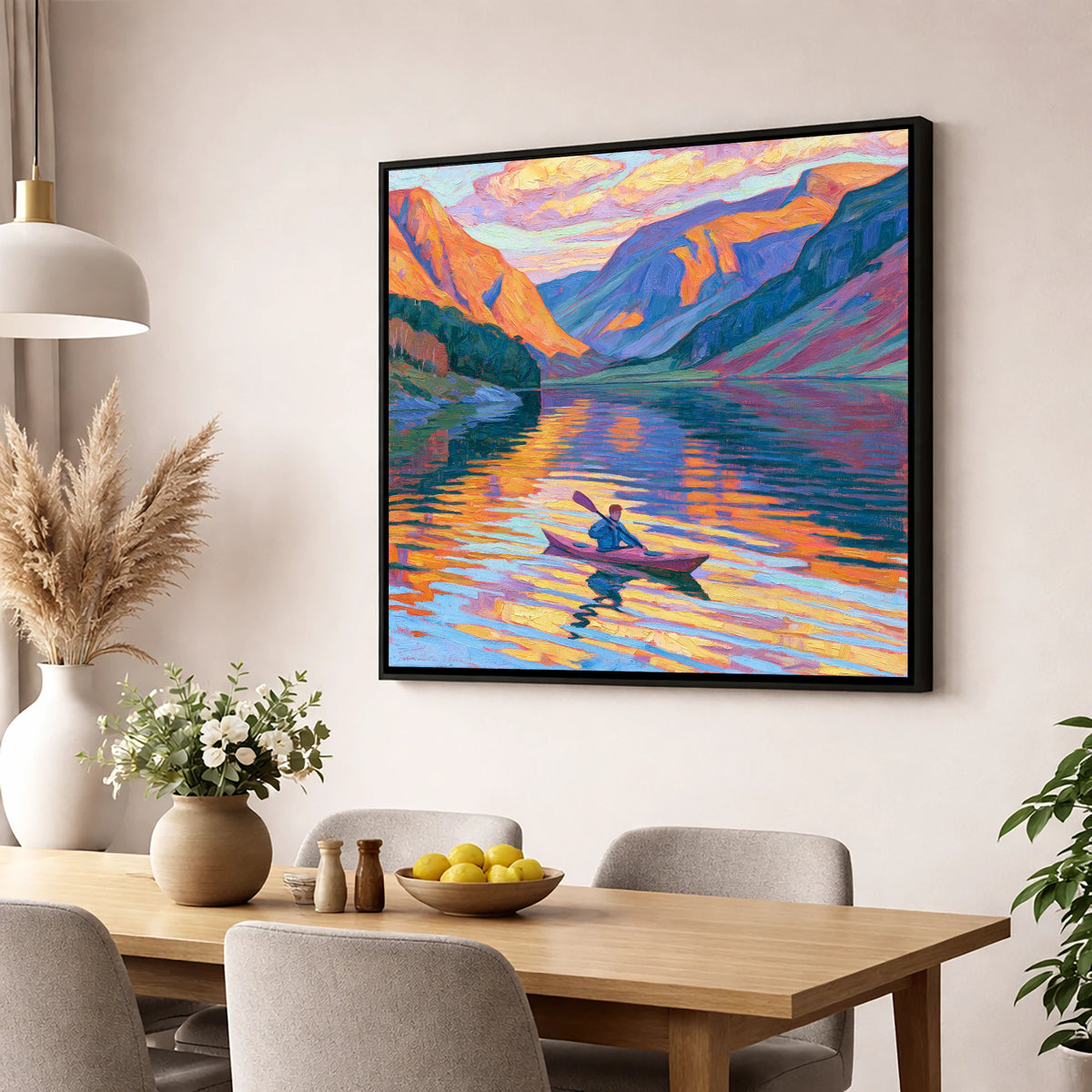 Vibrant Sunset Kayak on the Lake lake district walking wall art displayed in a dining room