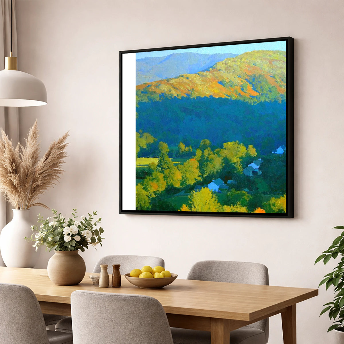 Sunlit Loughrigg Fell Ridge lake district fell wall art displayed in a dining room