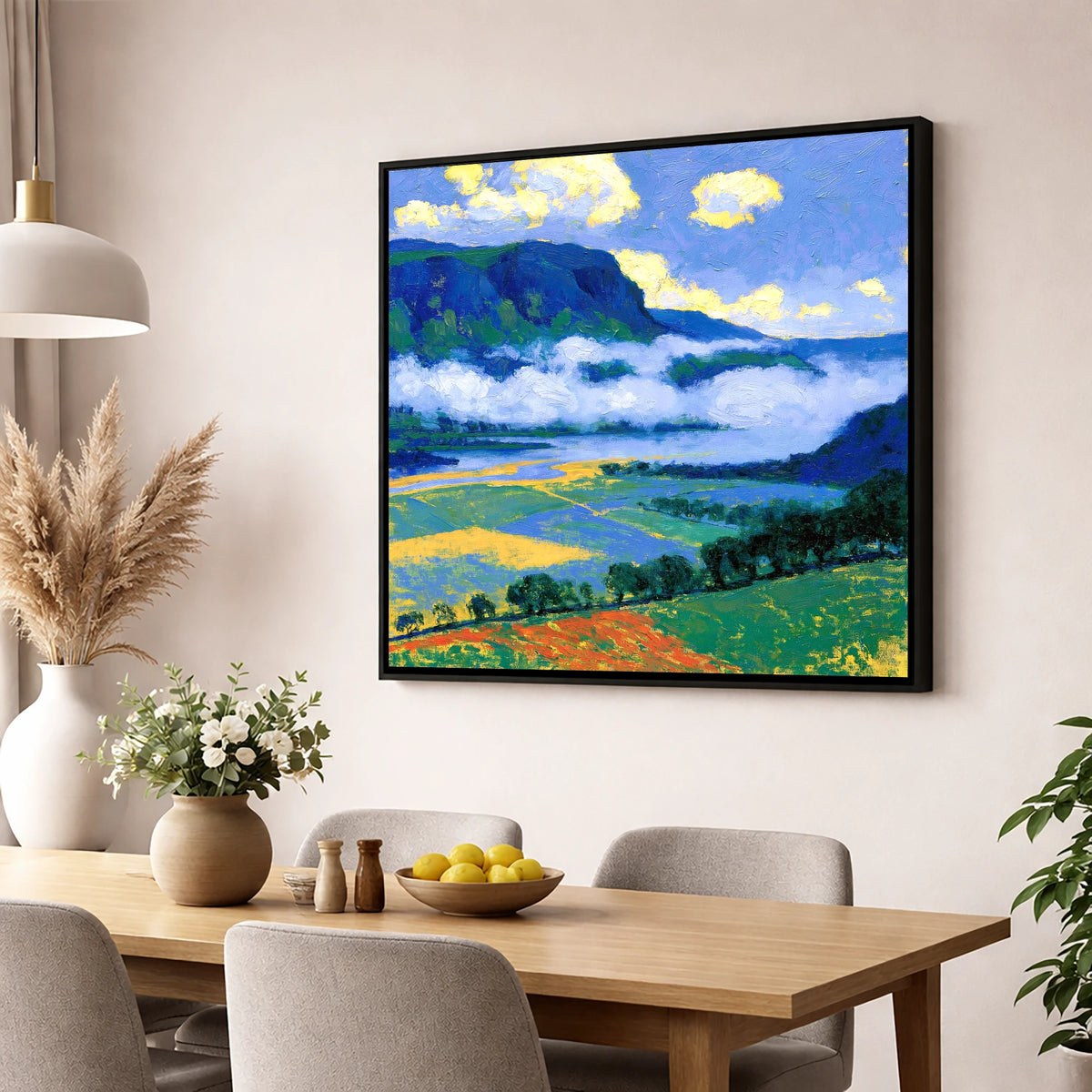 Blue Fells And Valley Mist lake district sky wall art displayed in a dining room