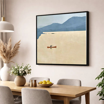 Solo Canoeist on a Golden Lake lake district walking wall art displayed in a dining room
