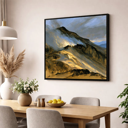 Sunlit Mountain Ridge in Mist lake district fell wall art displayed in a dining room