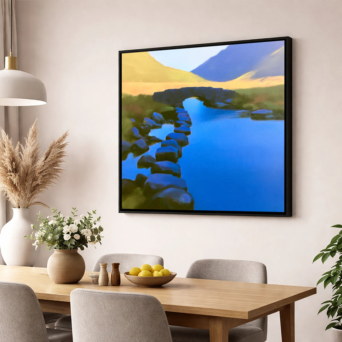Vibrant Blue Stream and Bridge lake district waterfall wall art displayed in a dining room