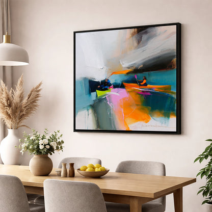 Vibrant Kayakers on a Lake lake district walking wall art displayed in a dining room