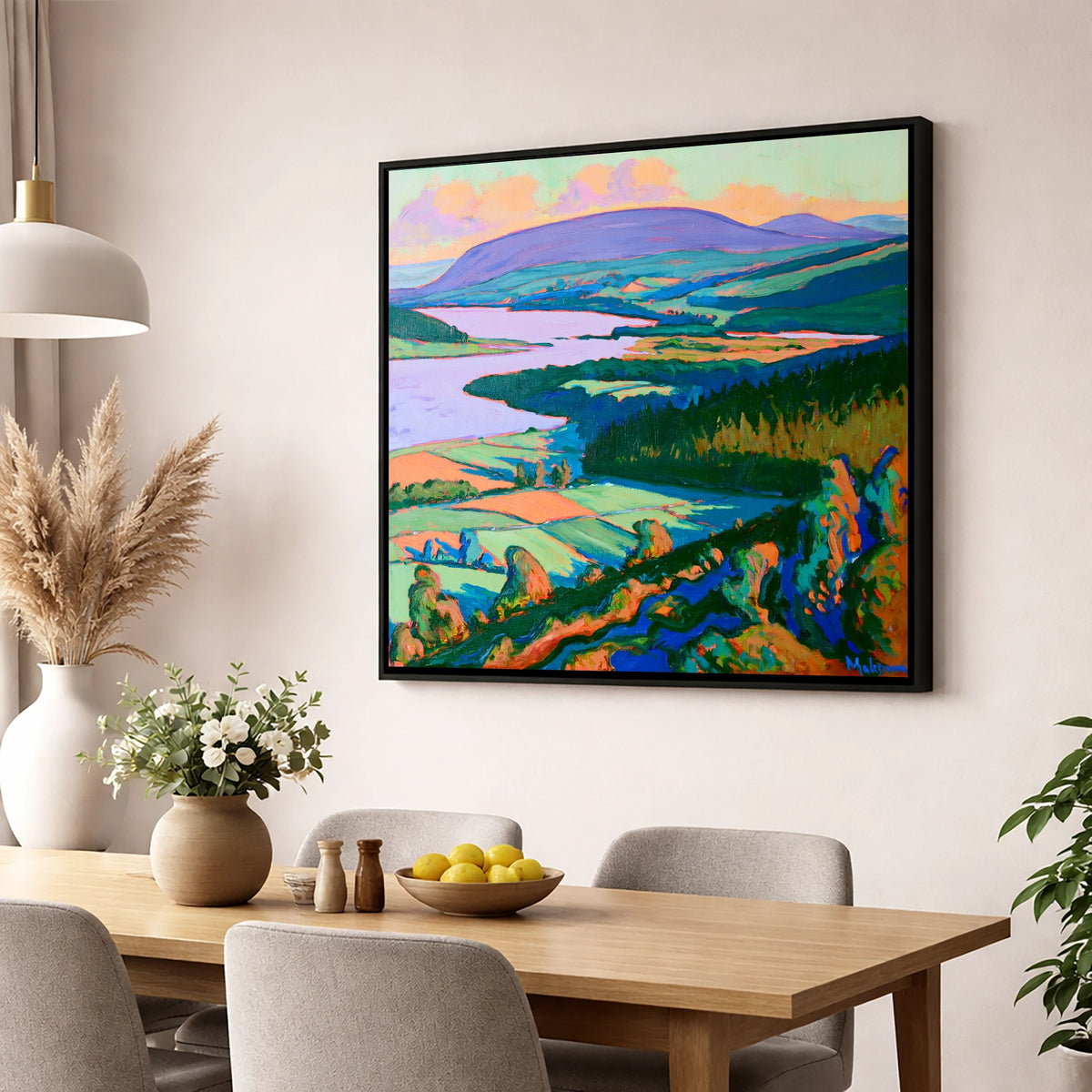 Vibrant Bassenthwaite Lake and Fells lake district lake wall art displayed in a dining room
