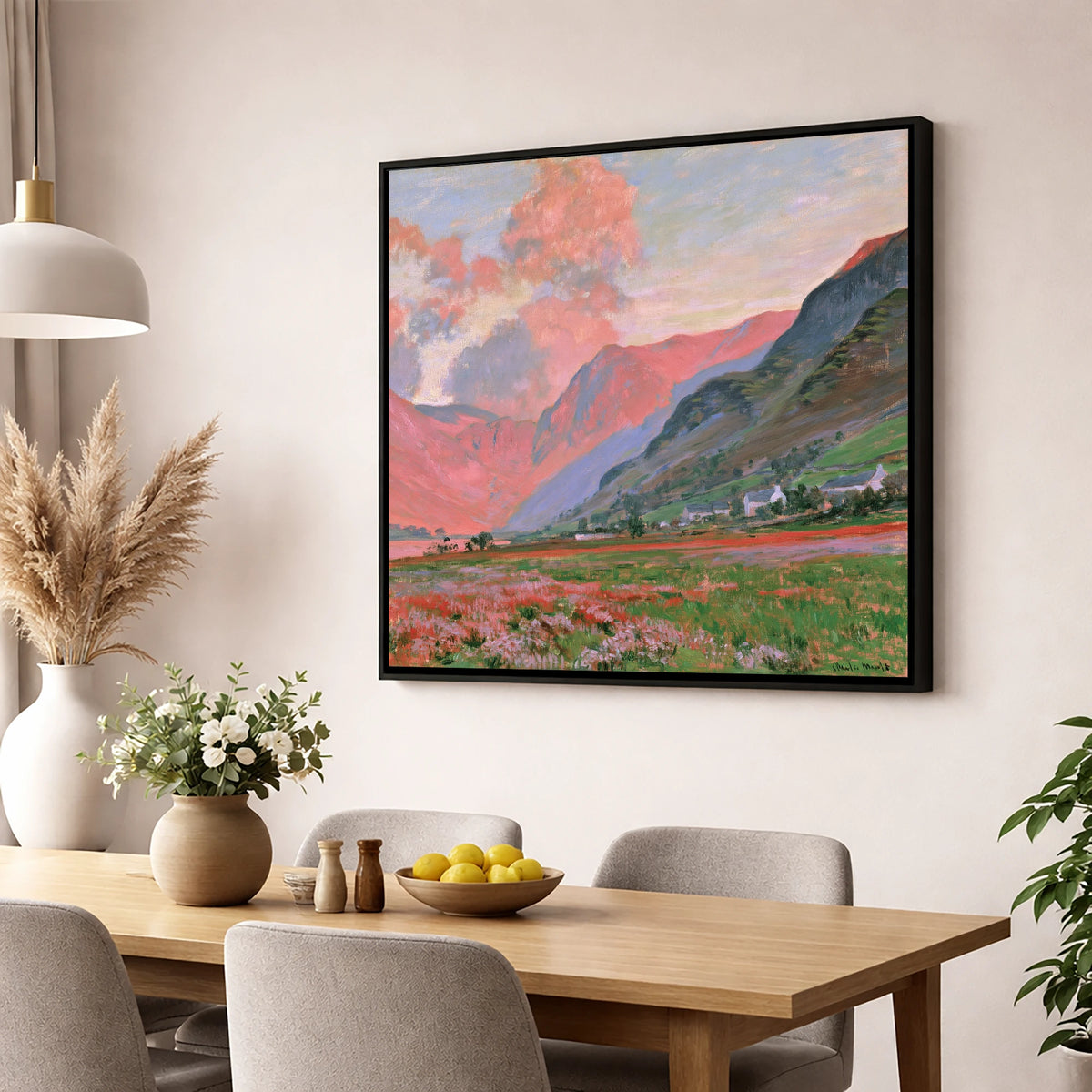 Radiant Pink Sunset Over Fells lake district fell wall art displayed in a dining room