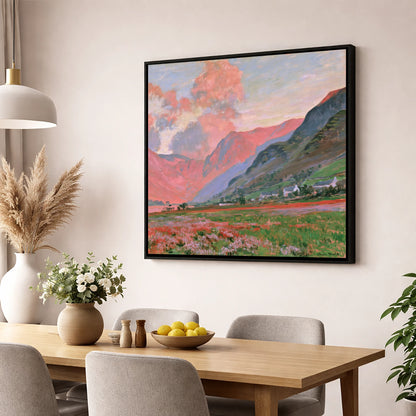Radiant Pink Sunset Over Fells lake district fell wall art displayed in a dining room
