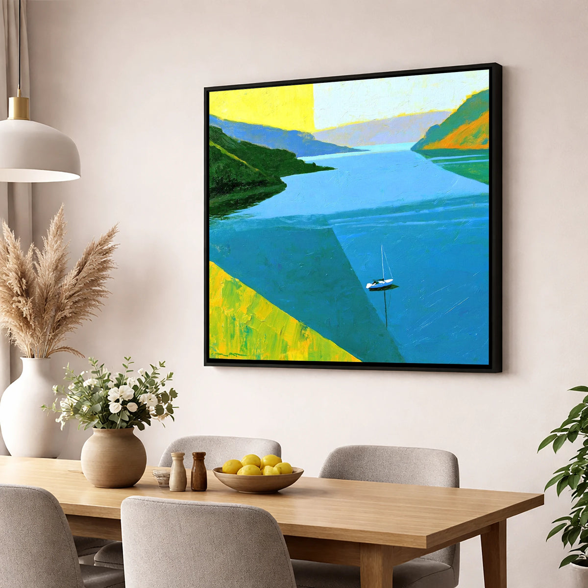 Ullswater Sailboat in Vibrant Blue lake district lake wall art displayed in a dining room