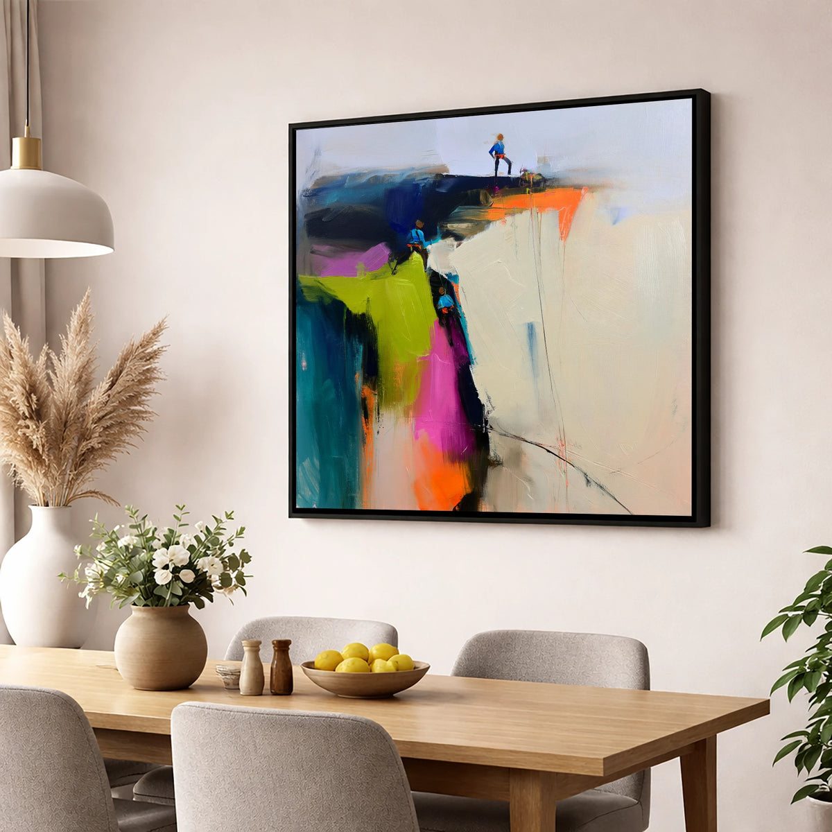 Abstract Climbers on a Crag lake district walking wall art displayed in a dining room