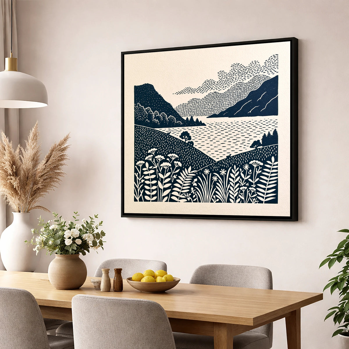 Graphic Ullswater and Layered Fells lake district lake wall art displayed in a dining room