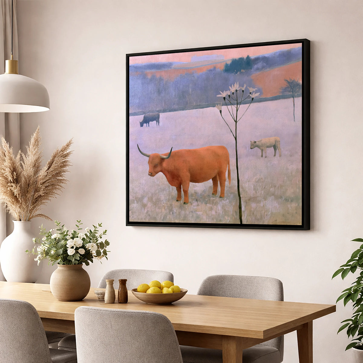 Highland Cattle on Frosted Fells lake district wildlife wall art displayed in a dining room