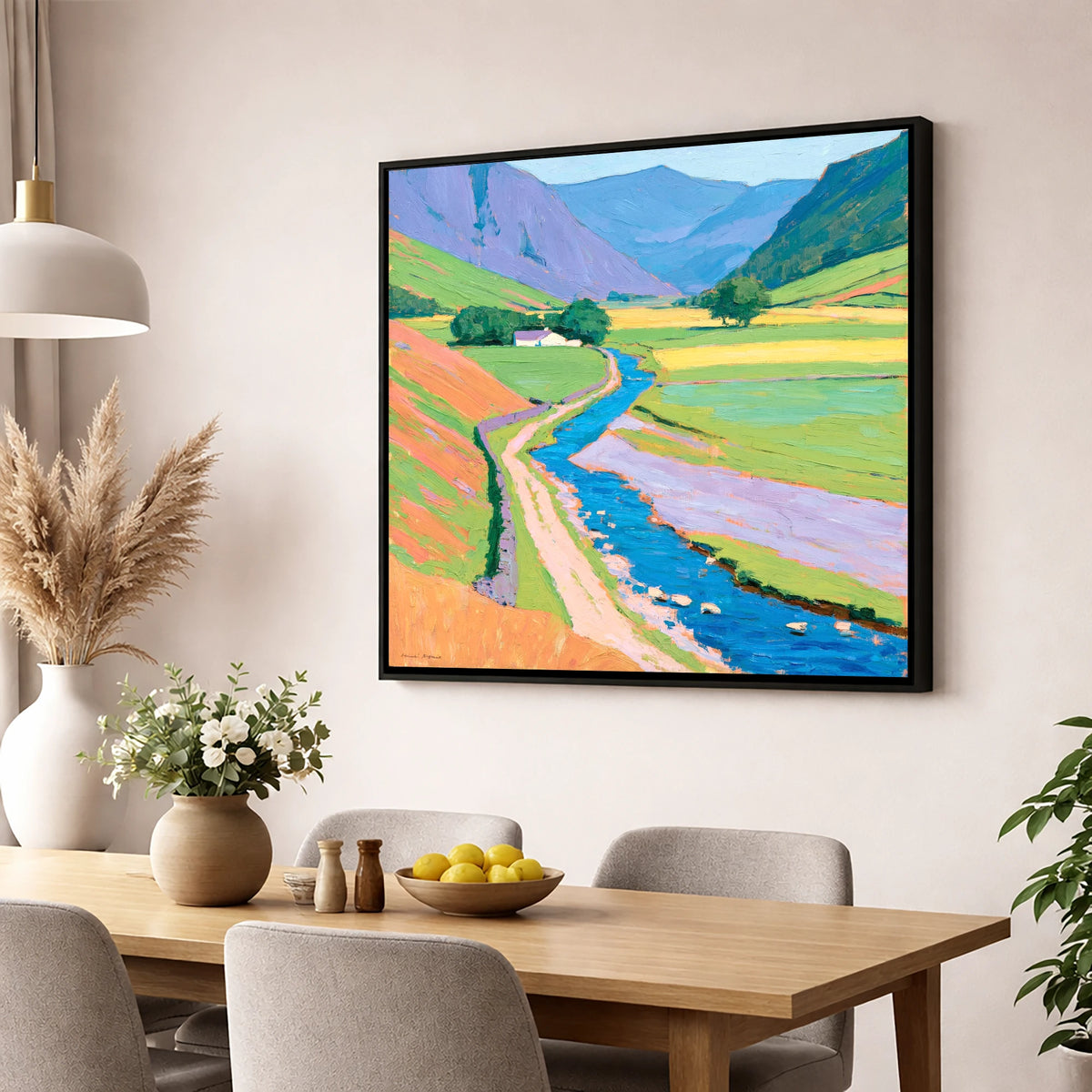 Winding Beck Through Vibrant Fells lake district valley wall art displayed in a dining room