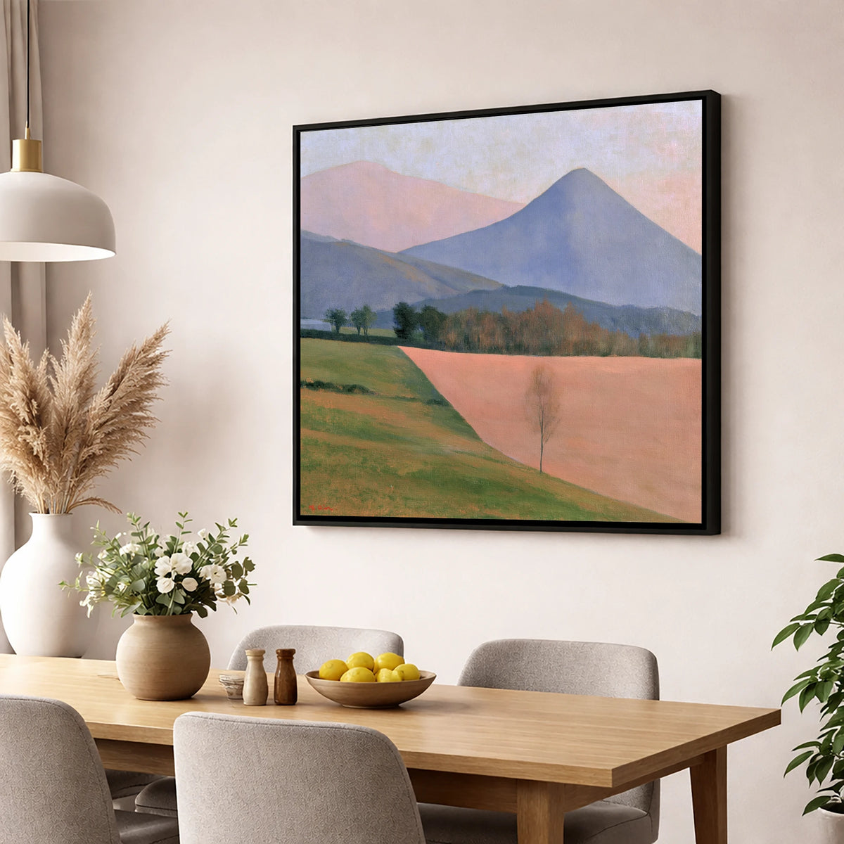 Pastel Fells and Green Valley lake district valley wall art displayed in a dining room