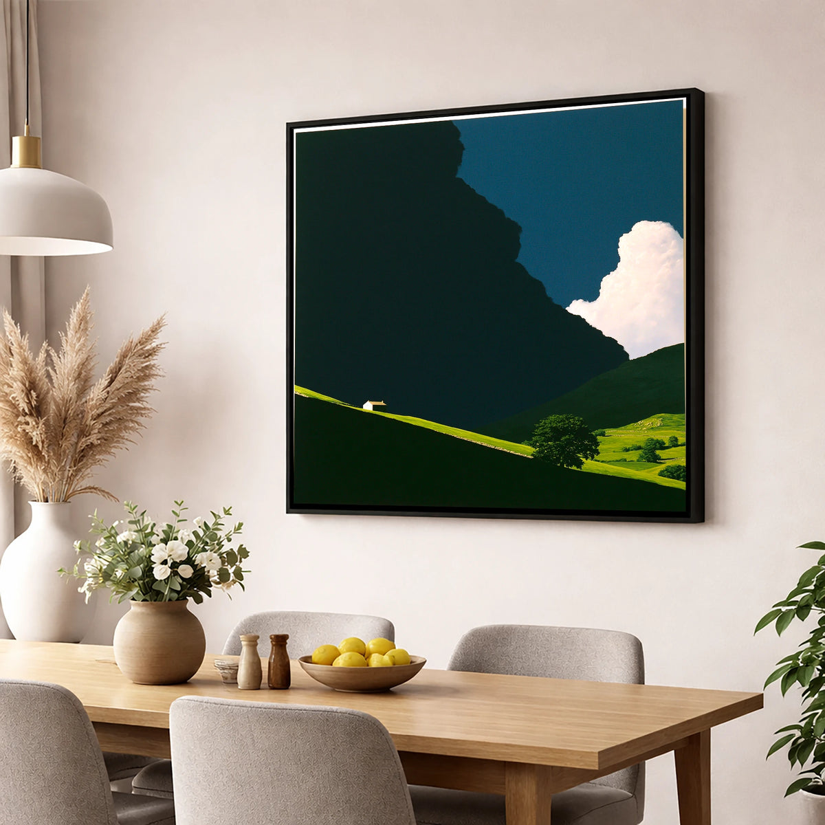 Rolling Fells Under Dark Cloud lake district fell wall art displayed in a dining room