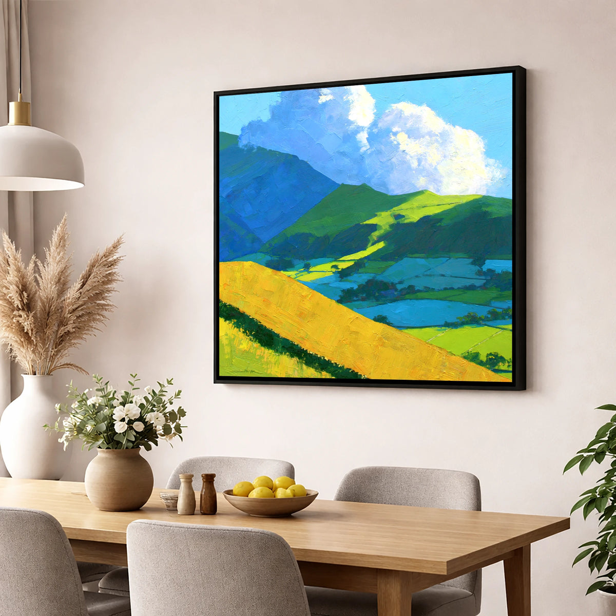 Sunlight and Shadow over Lakeland Fells lake district fell wall art displayed in a dining room