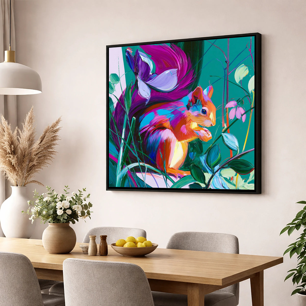 Vibrant Red Squirrel in Woodland lake district wildlife wall art displayed in a dining room