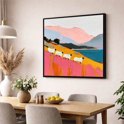Vibrant Herdwicks Above Teal Lake lake district wildlife wall art displayed in a dining room