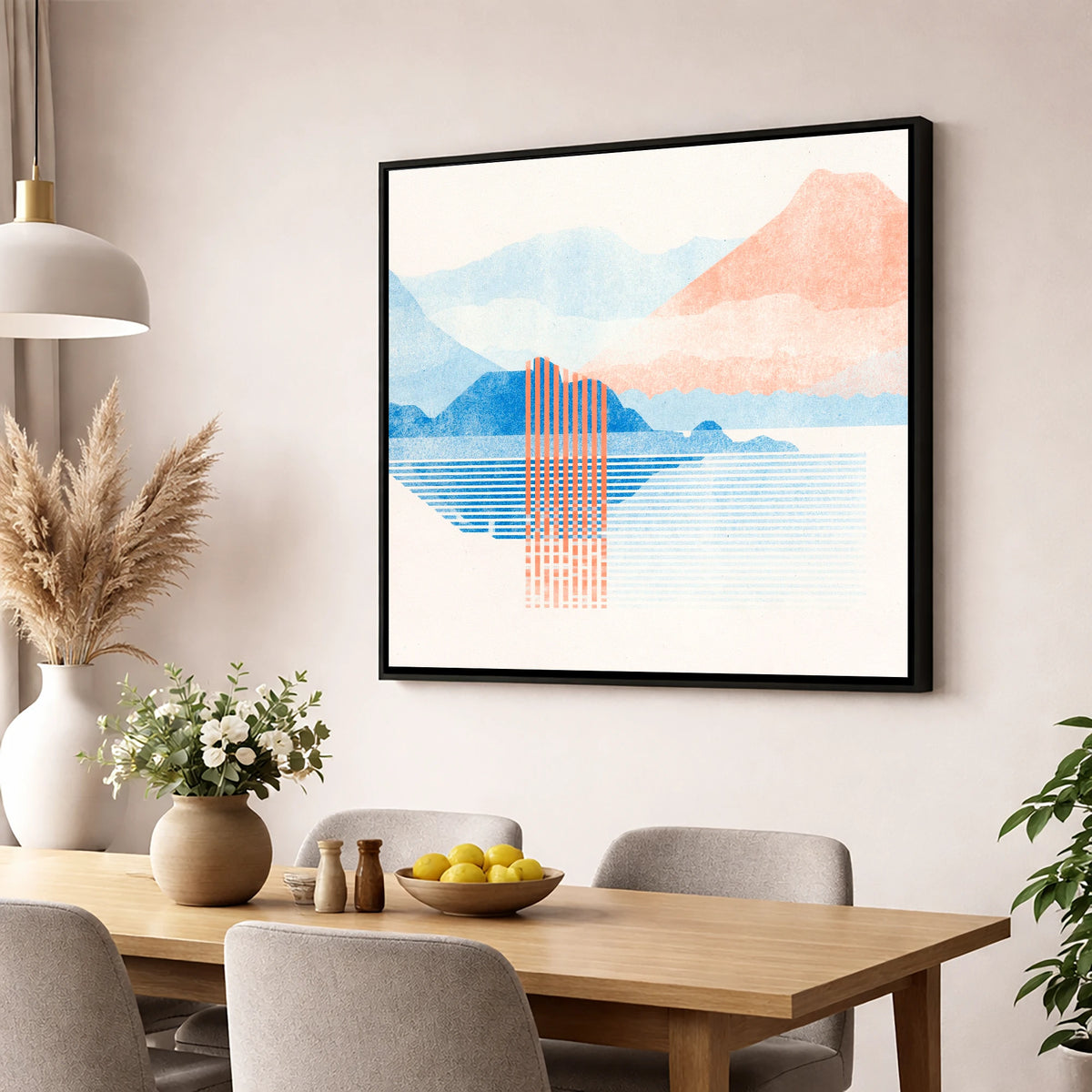 Geometric Derwentwater in Coral and Blue lake district lake wall art displayed in a dining room
