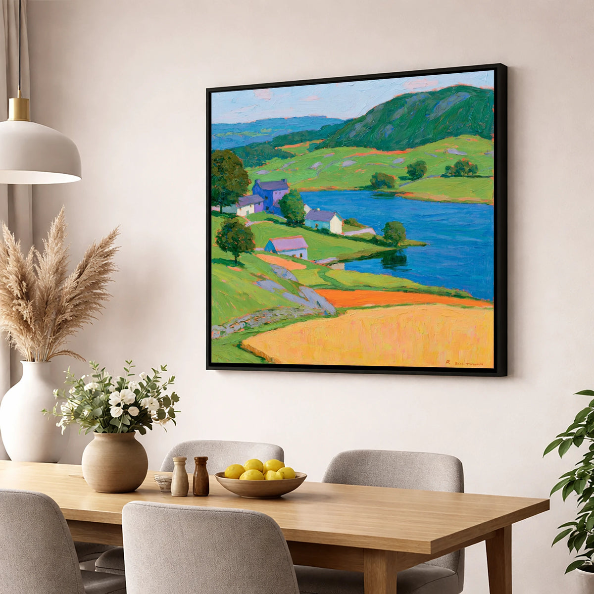 Vibrant Village on the Lakeshore lake district village wall art displayed in a dining room