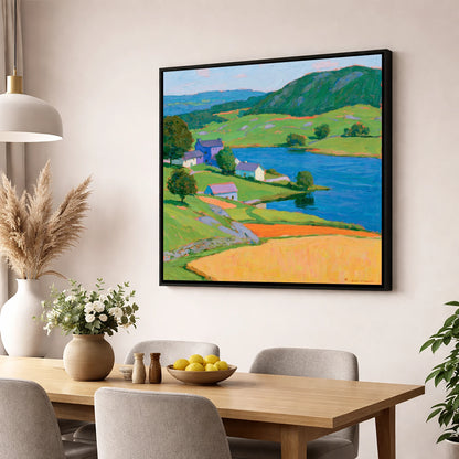 Vibrant Village on the Lakeshore lake district village wall art displayed in a dining room