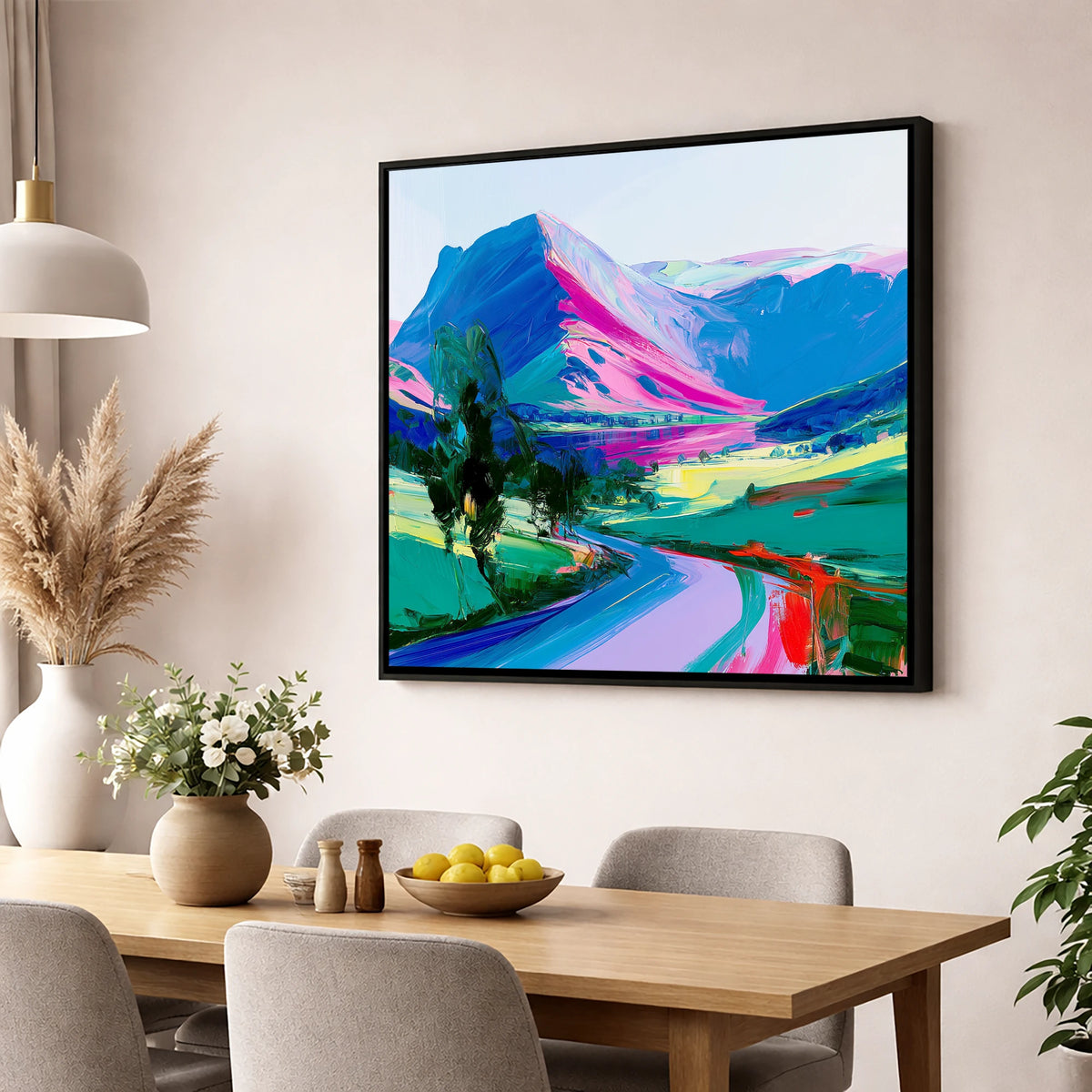 Vivid Magenta Lake District Fells lake district fell wall art displayed in a dining room