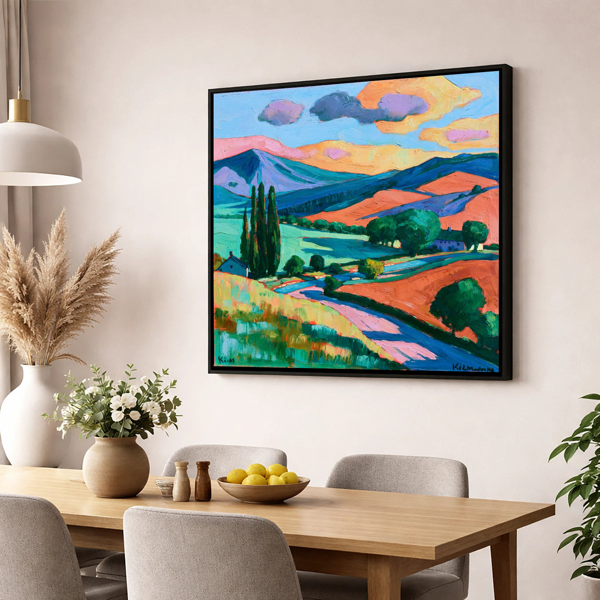 Vivid Golden Light on the Fells lake district sky wall art displayed in a dining room