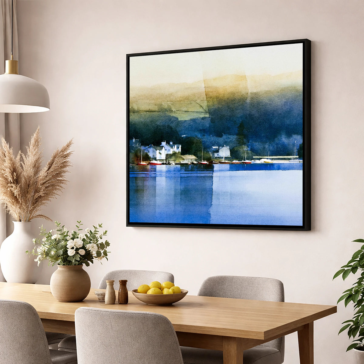 Bowness Bay in Deep Indigo lake district village wall art displayed in a dining room