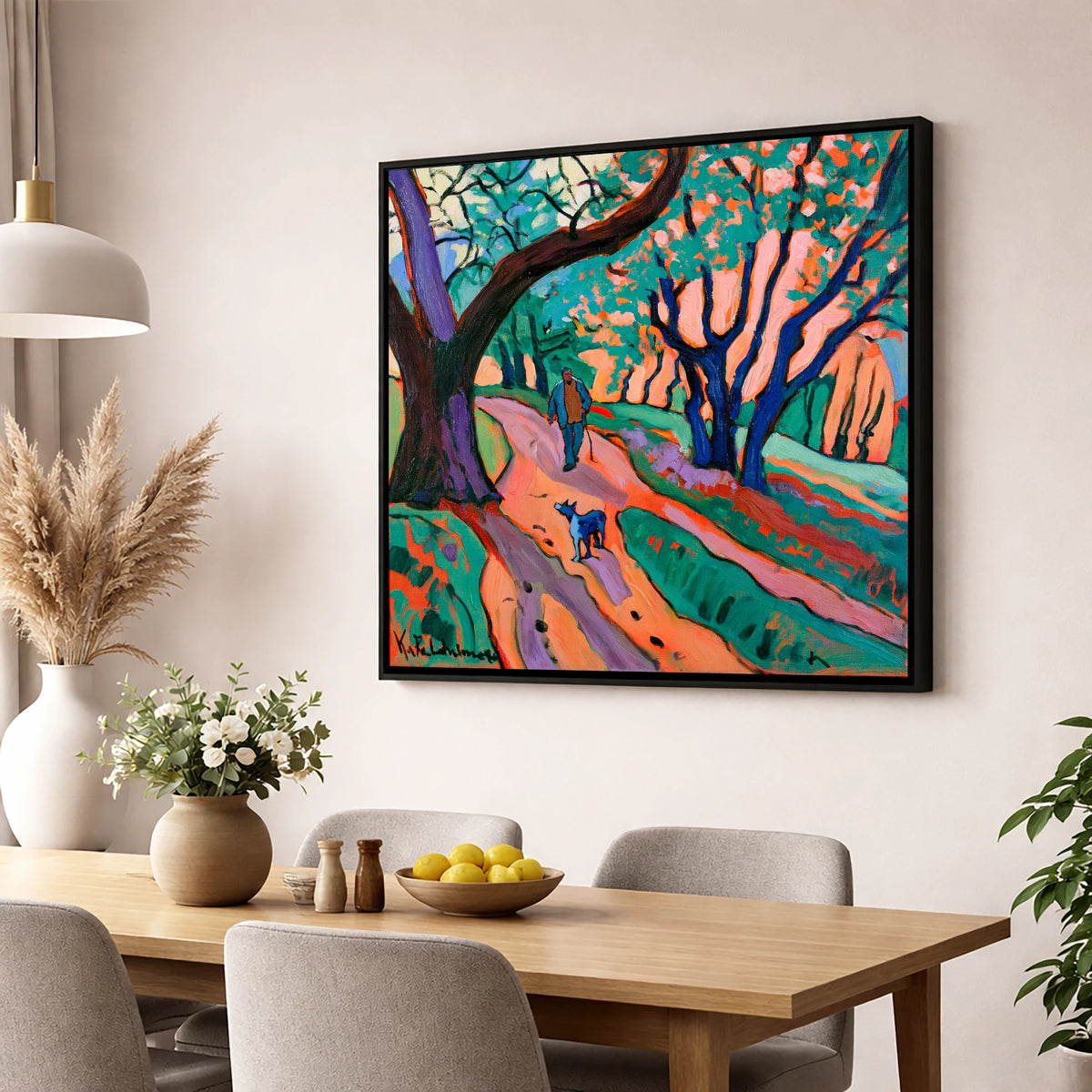 Vibrant Ambleside Woodland Dog Walk gifts for dog walkers wall art displayed in a dining room