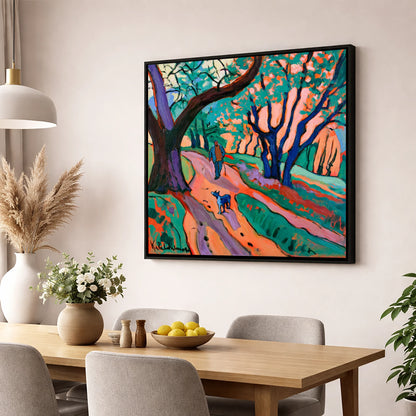 Vibrant Ambleside Woodland Dog Walk gifts for dog walkers wall art displayed in a dining room