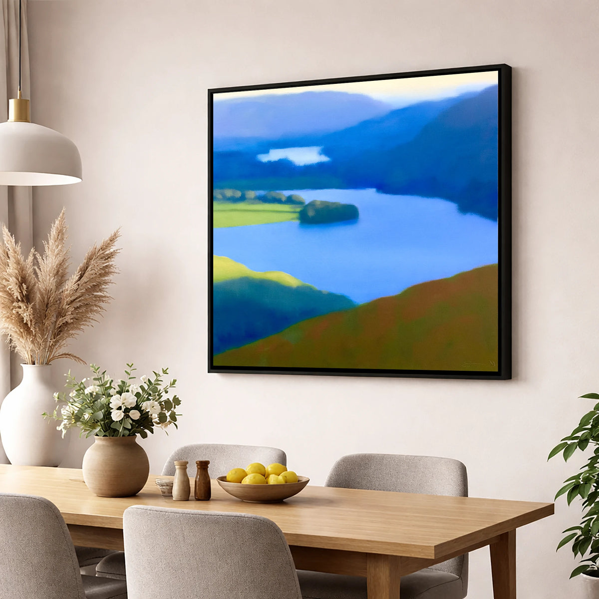 Grasmere Lake in Ultramarine Blue lake district lake wall art displayed in a dining room