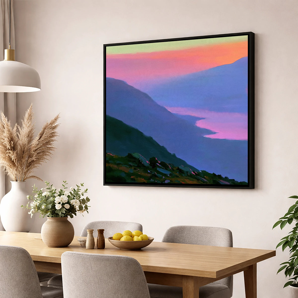 Vivid Sunset Over the Fells lake district fell wall art displayed in a dining room