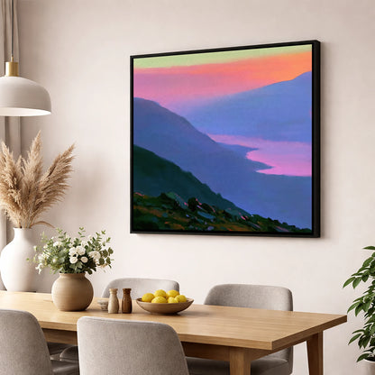 Vivid Sunset Over the Fells lake district fell wall art displayed in a dining room
