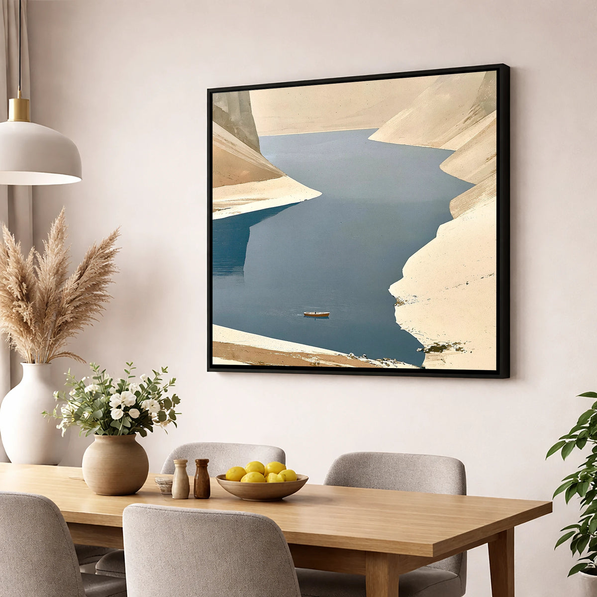 Lone Boat on Deep Blue Lake lake district lake wall art displayed in a dining room