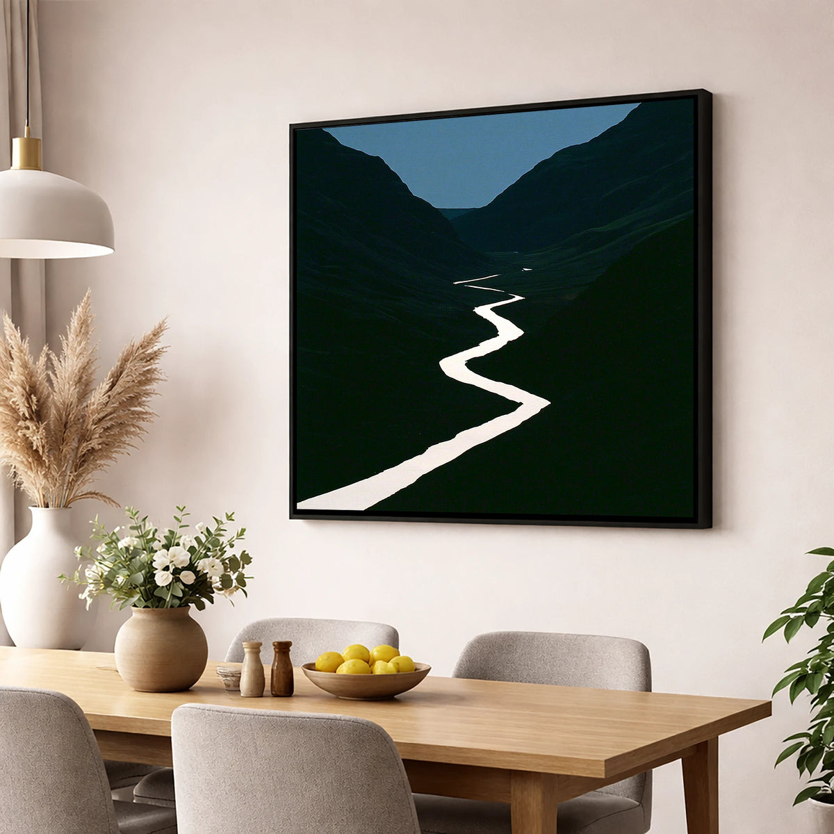 Silver River in Shadowed Valley lake district waterfall wall art displayed in a dining room