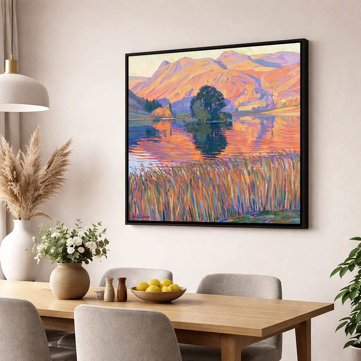 Vibrant Grasmere Island and Fells grasmere wall art wall art displayed in a dining room