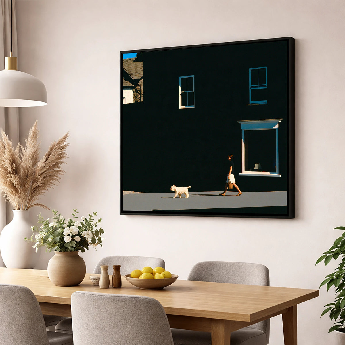 Sunlit Dog Walker in Ambleside gifts for dog walkers wall art displayed in a dining room