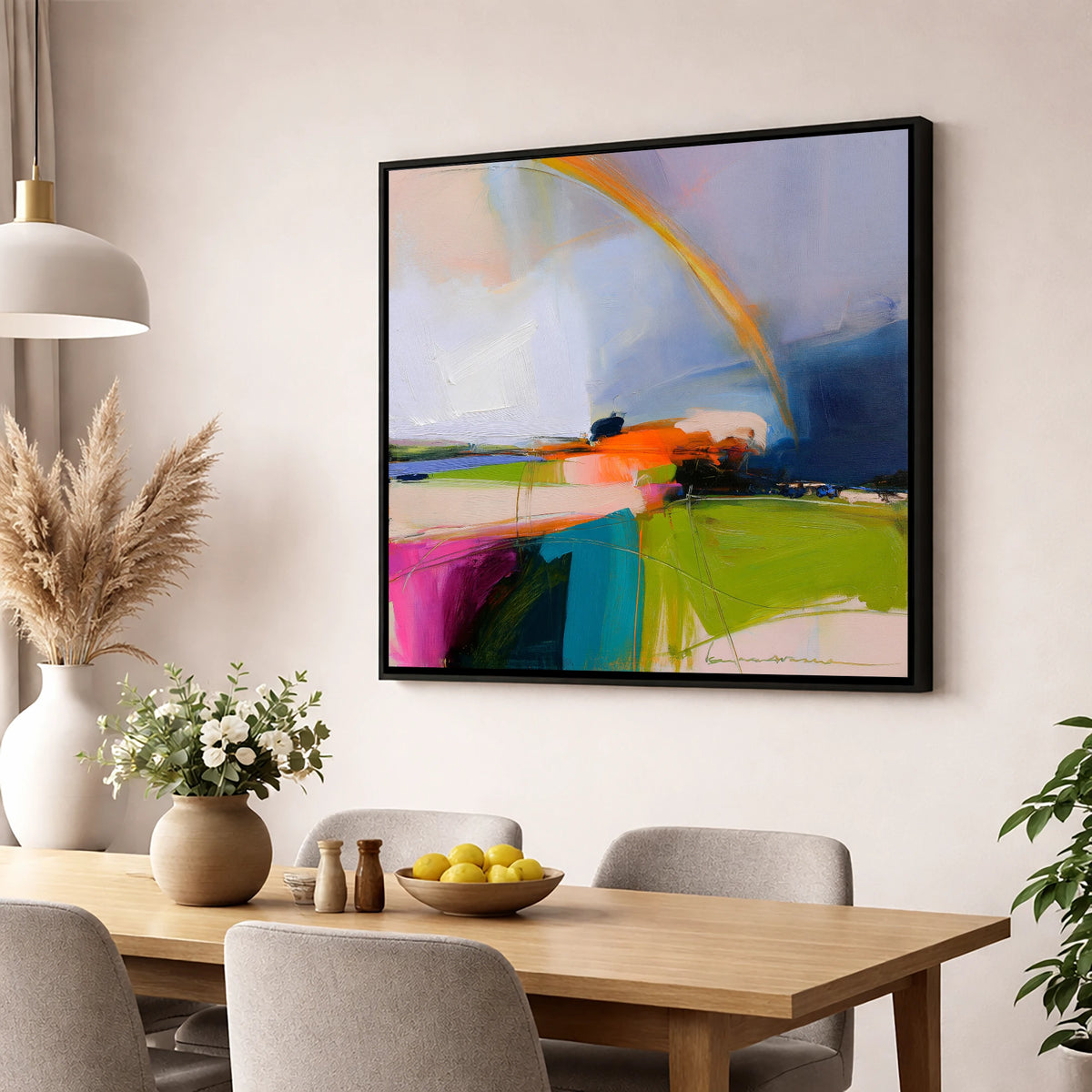 Vibrant Rainbow After Lakeland Rain lake district sky wall art displayed in a dining room